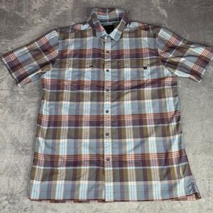 Marmot Button Up Shirt Men XL Blue Orange Plaid Performance Short Sleeve Hiking